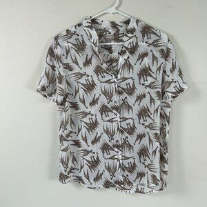 Chicos Top Size M 1 White Brown Giraffe Short Sleeve Sheer Blouse Button Up